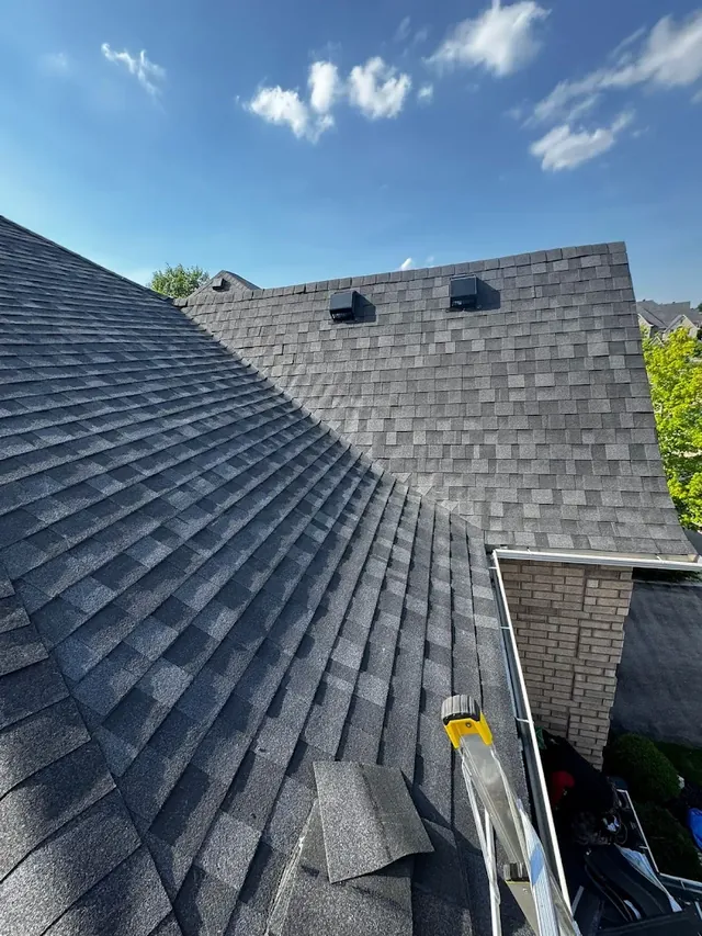Finished shingle roof, low angle view